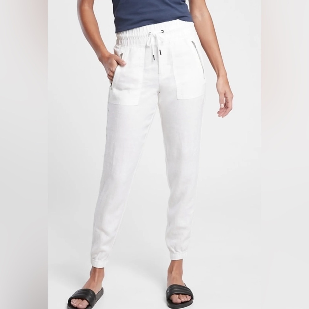 Athleta White Cabo Linen Jogger Pants pockets elastic waistband stretch‎